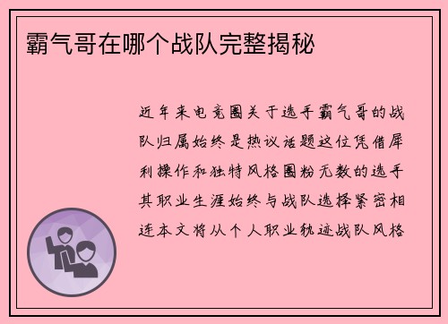 霸气哥在哪个战队完整揭秘